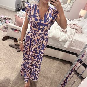 Marie Oliver Peach and Blue Abstract Leaf Maxi Dress